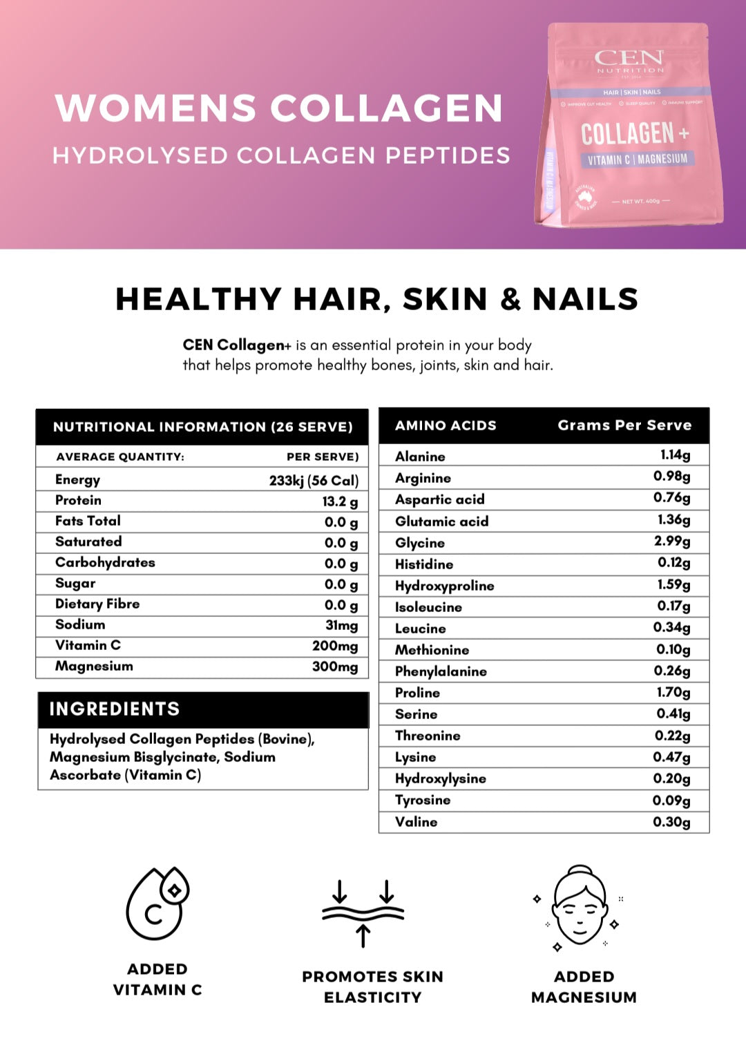 CEN Nutrition Collagen for Women + Vitamin C + Magnesium - product label-Ingredients-Nutritional Information