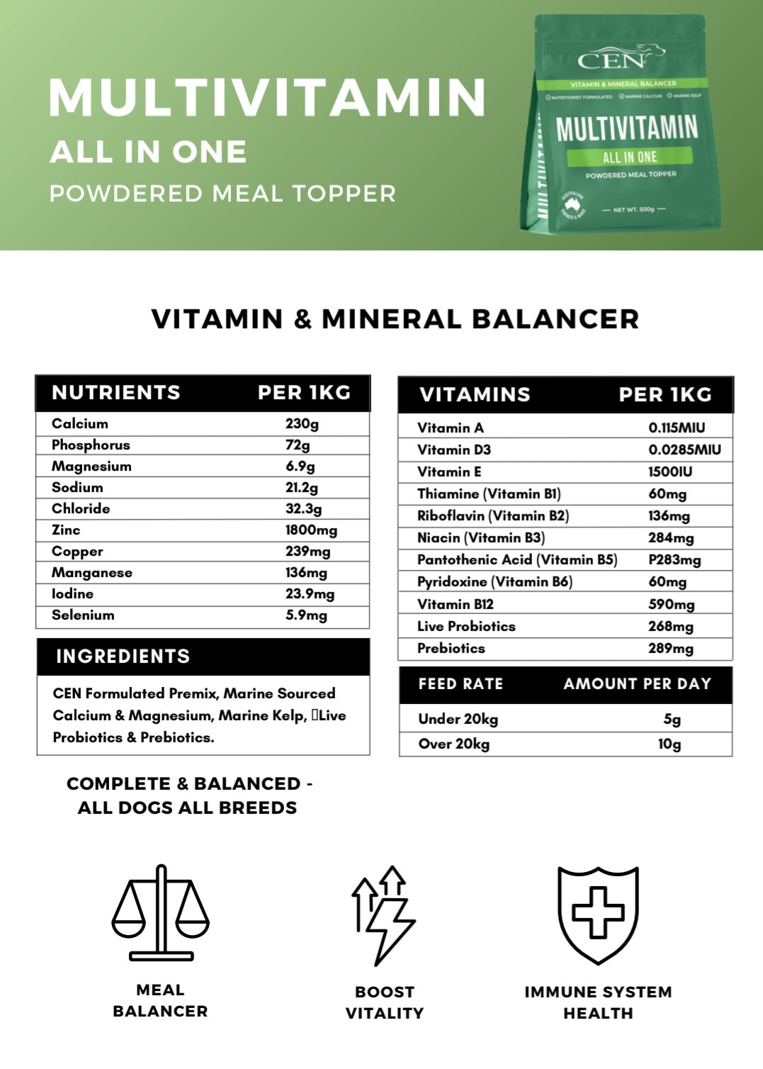 CEN Nutrition Dog Multivitamin Powdered Meal Topper Supplement - Ingredients-Nutritional Information
