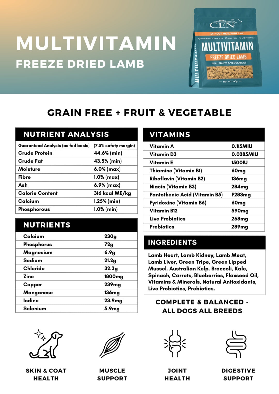 CEN Nutrition Dog Multivitamin Freeze Dried Lamb Chews  - Ingredients-Nutritional Information